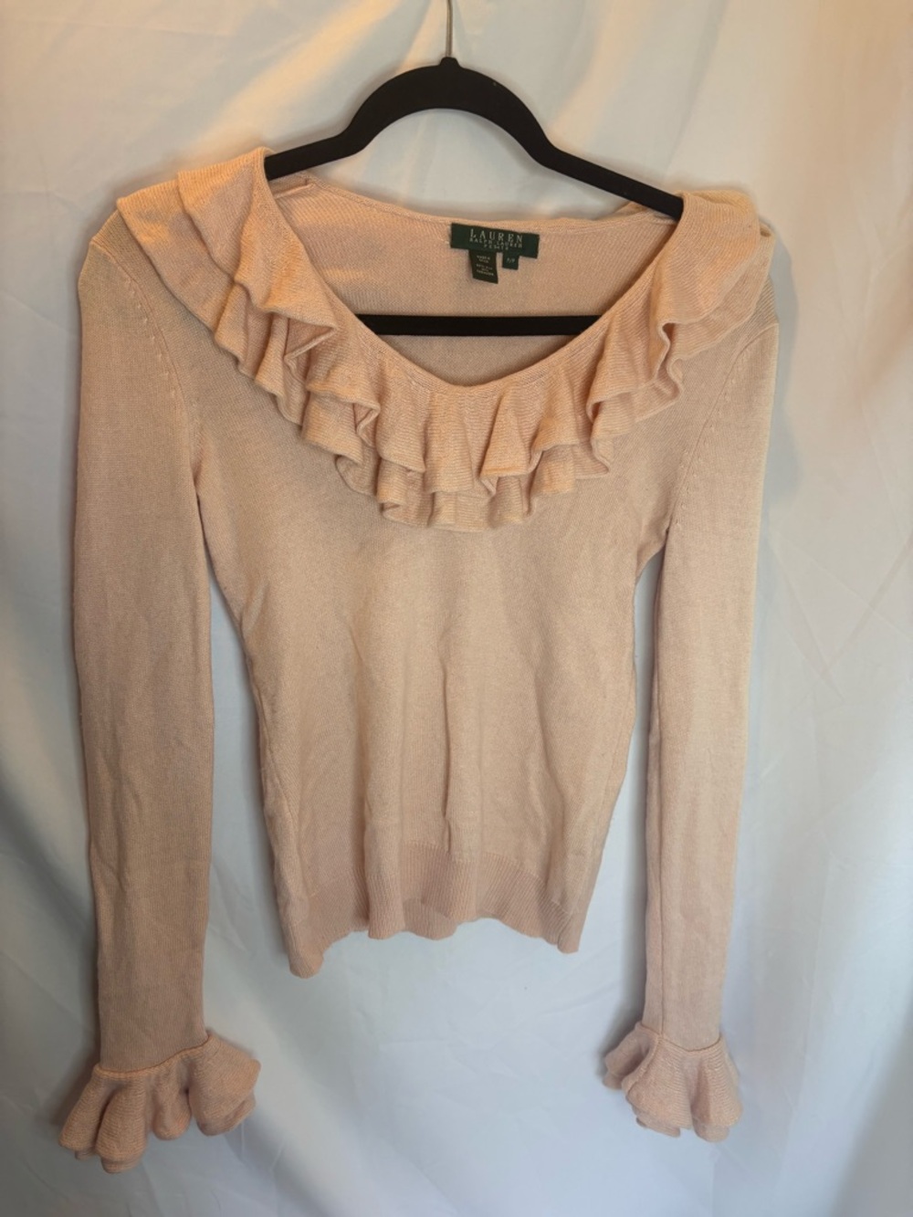 Ralph Lauren Women's Pale Pink Ruffle Neck Sweater